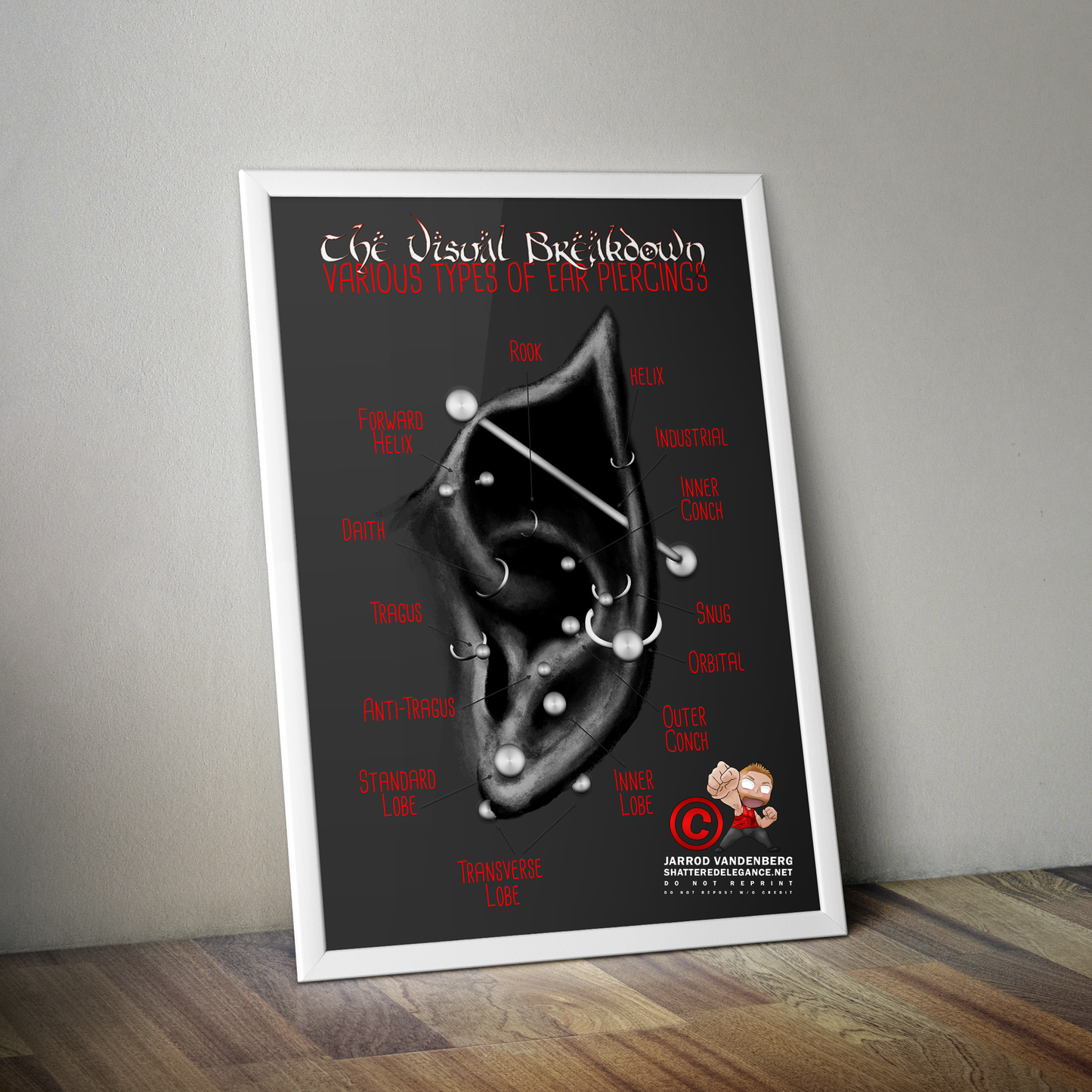 Elven Ear Piercing Chart, Black and Red