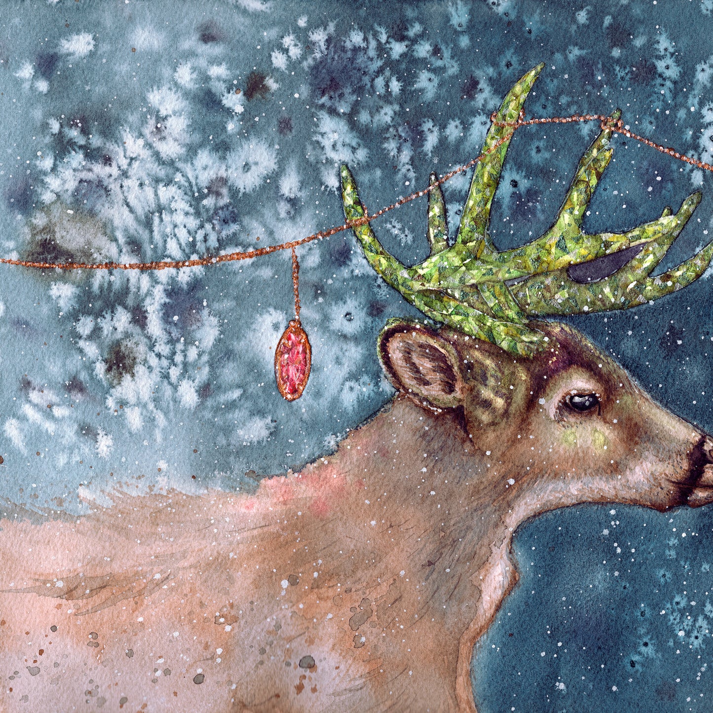 Adorned Antlers Gemstone and Crystal Watercolor Winter Deer