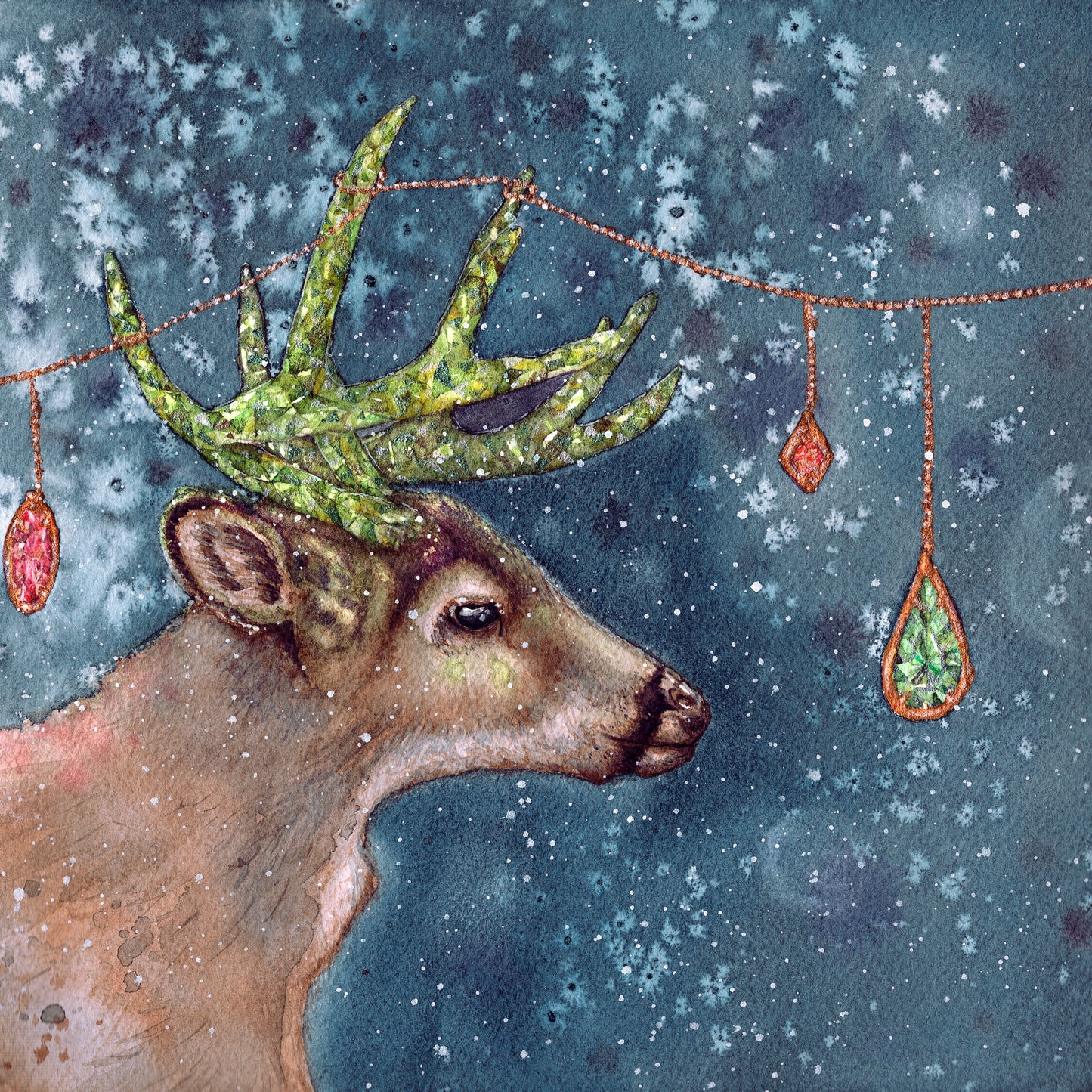 Adorned Antlers Gemstone and Crystal Watercolor Winter Deer