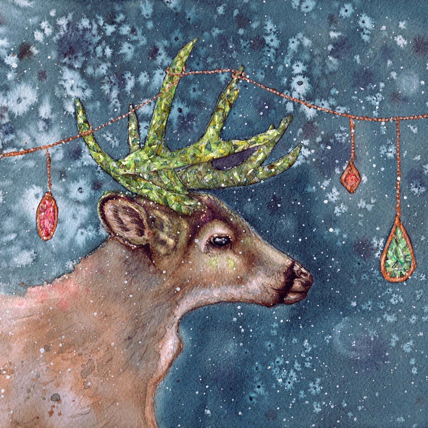 Adorned Antlers Gemstone and Crystal Watercolor Winter Deer