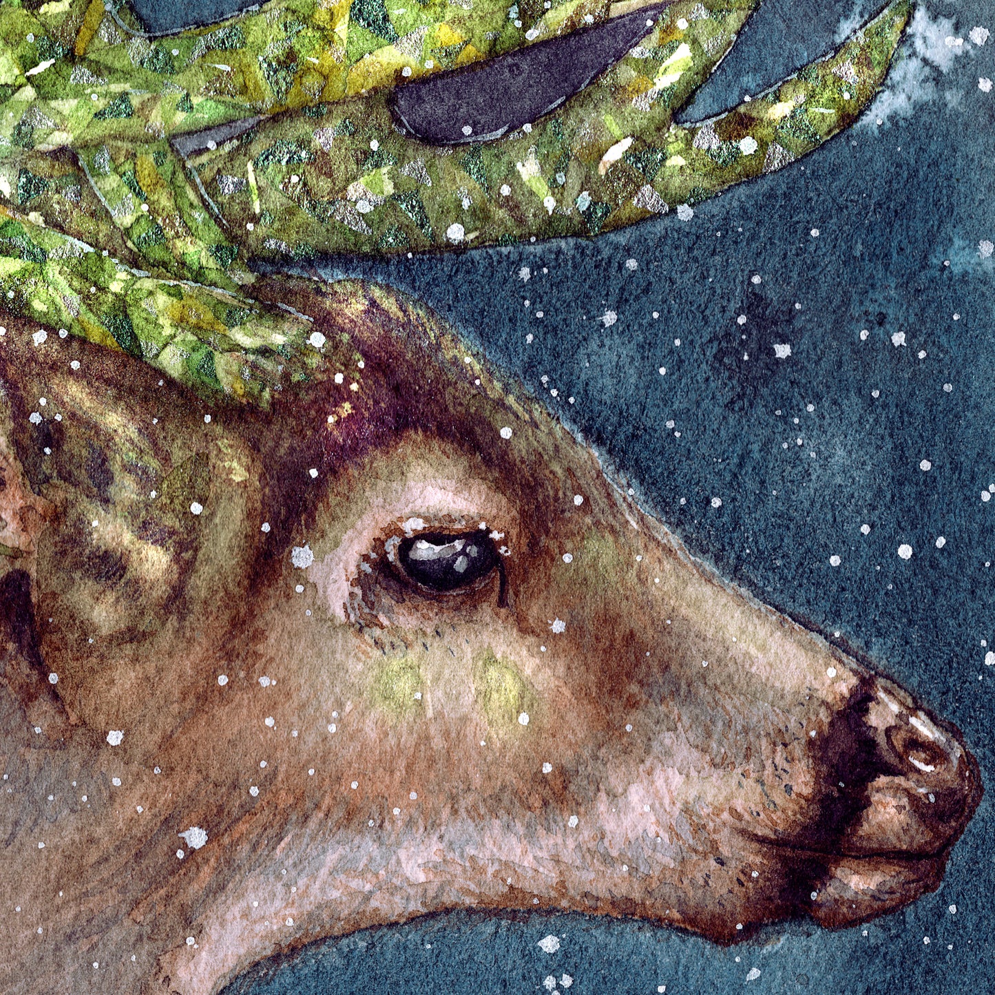 Adorned Antlers Gemstone and Crystal Watercolor Winter Deer