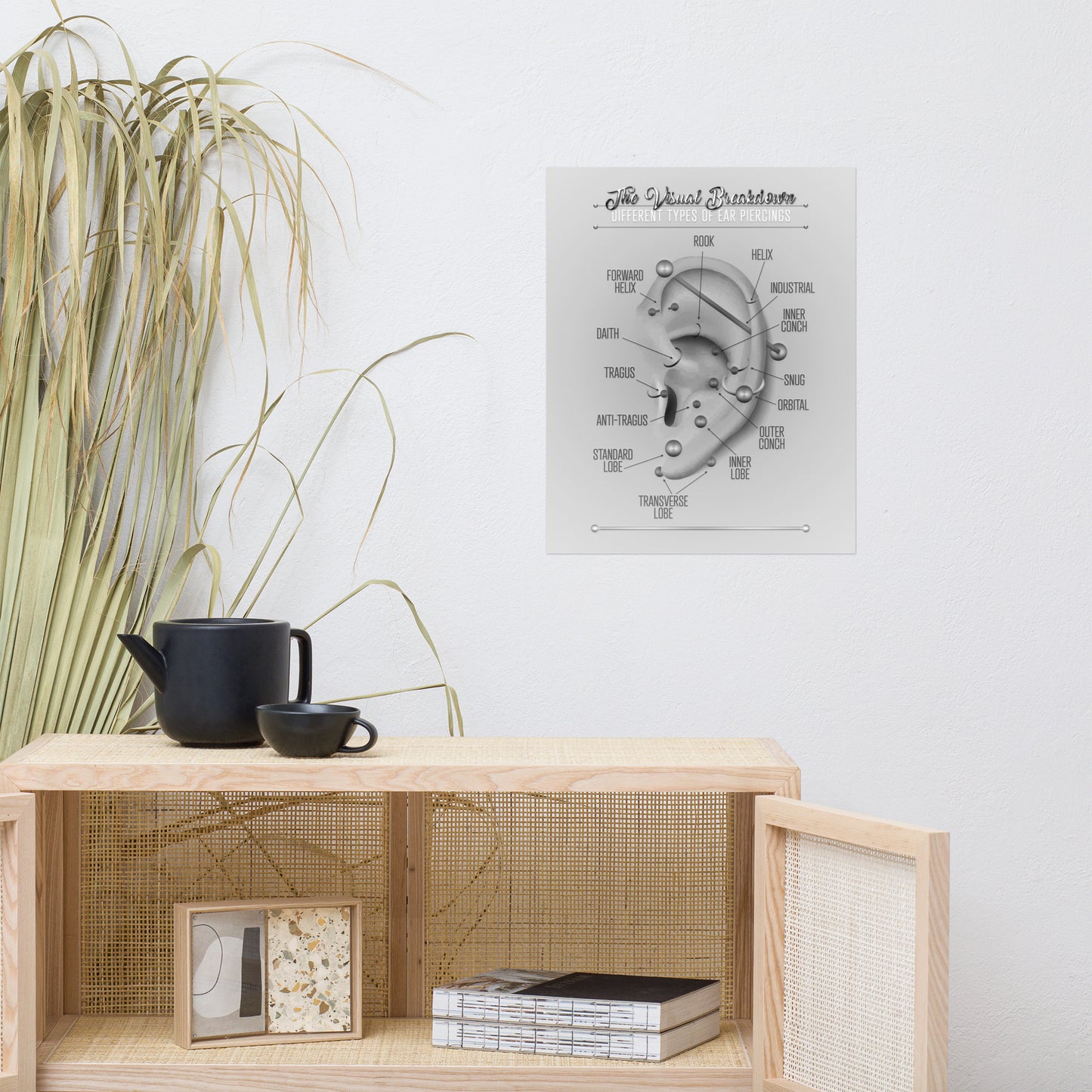 Black and Grey Ear Piercing Chart, Showing Various Ear Piercings Giclée Print