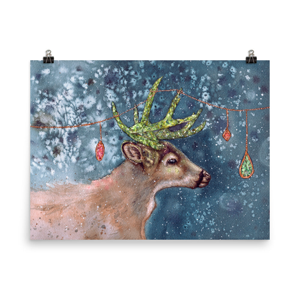 Adorned Antlers Gemstone and Crystal Watercolor Winter Deer