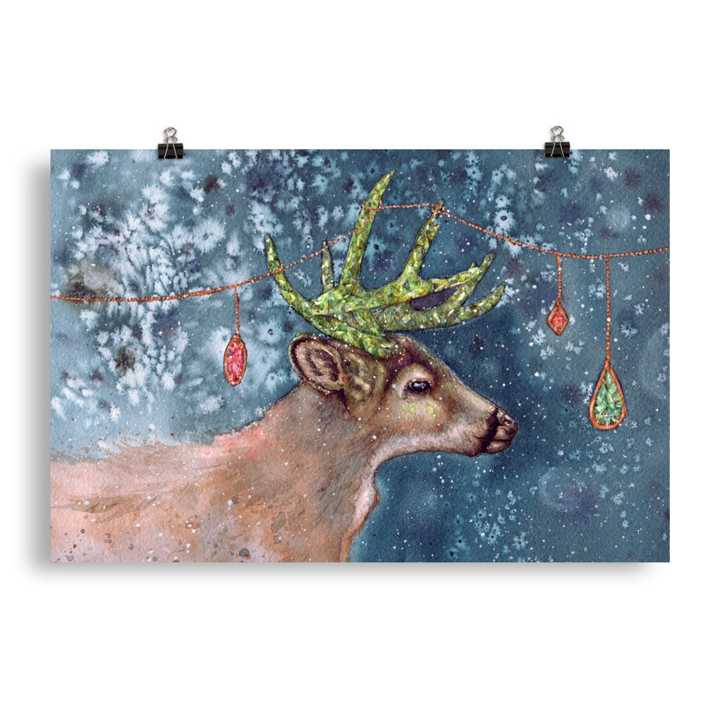 Adorned Antlers Gemstone and Crystal Watercolor Winter Deer