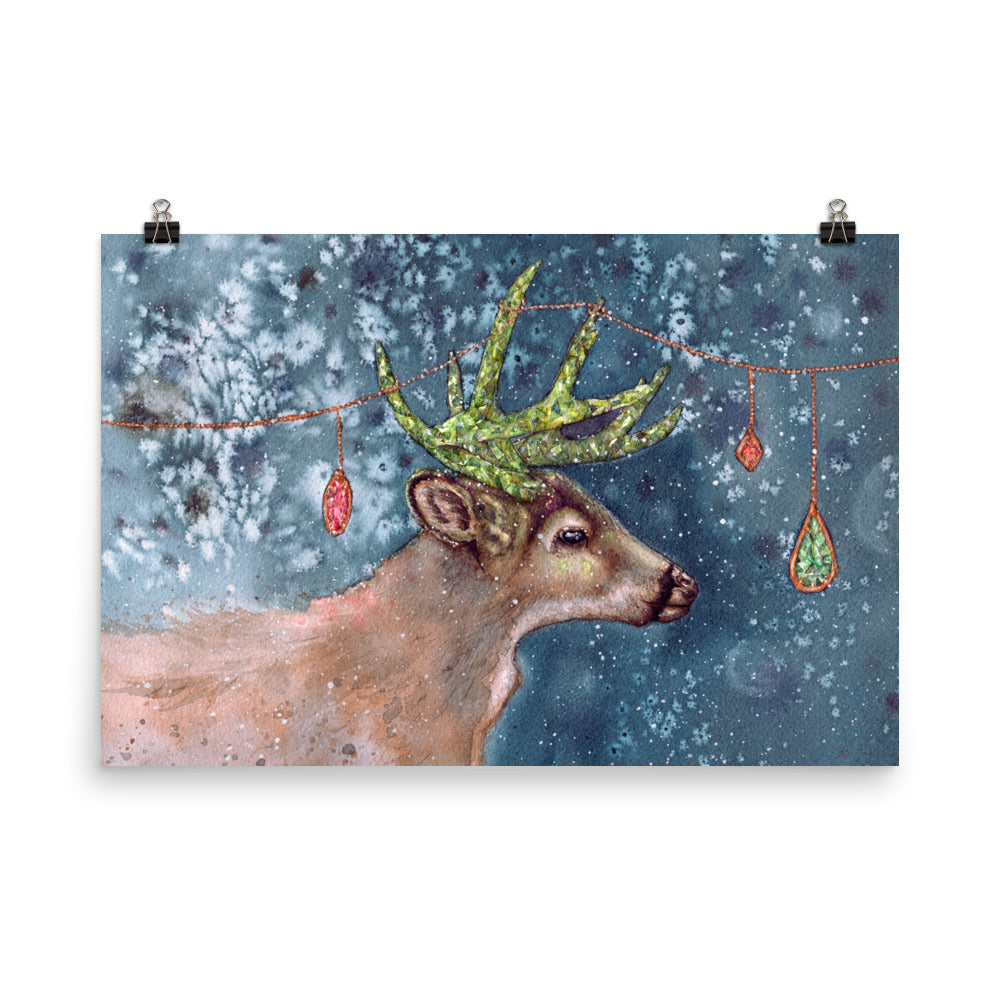 Adorned Antlers Gemstone and Crystal Watercolor Winter Deer