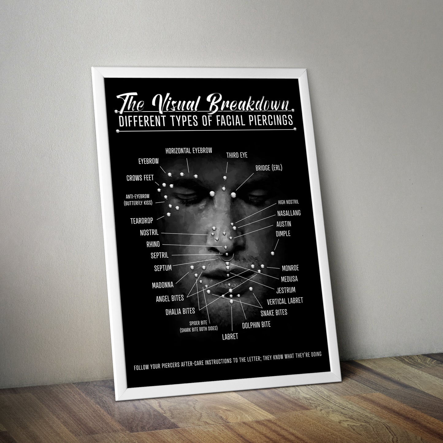 Face Piercing Chart Infographic Poster Wall Art Print, Various Piercings Map