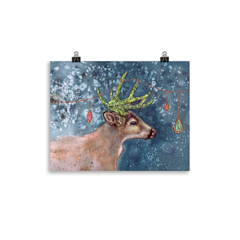 Adorned Antlers Gemstone and Crystal Watercolor Winter Deer