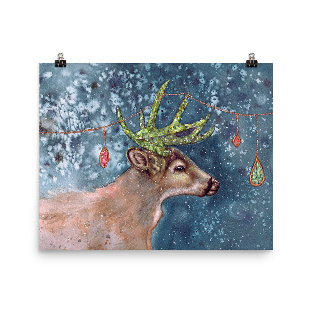 Adorned Antlers Gemstone and Crystal Watercolor Winter Deer