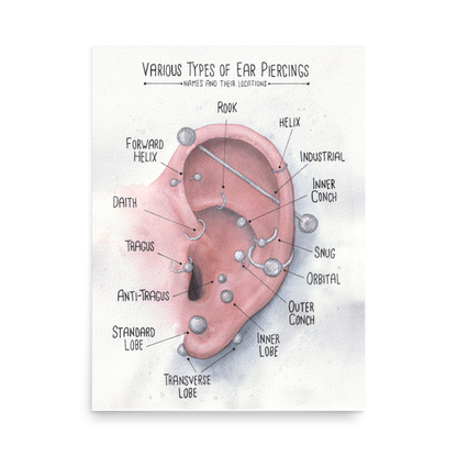 Ear Piercing Chart, Watercolor